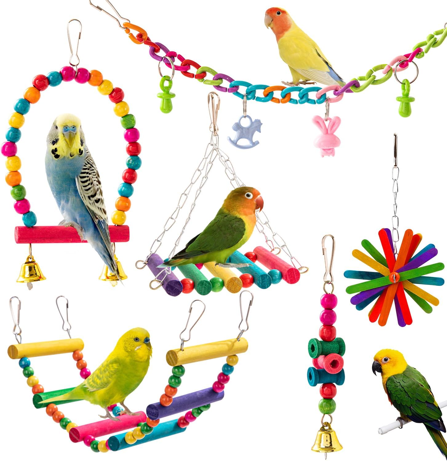Birds Cockatiel Toys Parakeet Chewing Toy Hanging Hammock Swing Climbing Ladder Bird Cage Toys for Budgies, Conure, Cockatiel, Budgerigar, Parakeet, Mynah, Love Birds, Finches