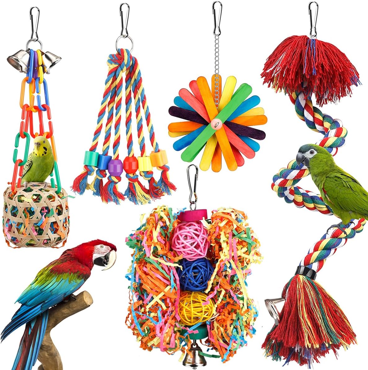 Bird Toys Bird Rope Perch with Bell Colorful Bird Chewing Shredding Foraging Toys Parakeet Toy Parrot Swing Climbing Standing Hanging Toys Bird Cage Accessories for...