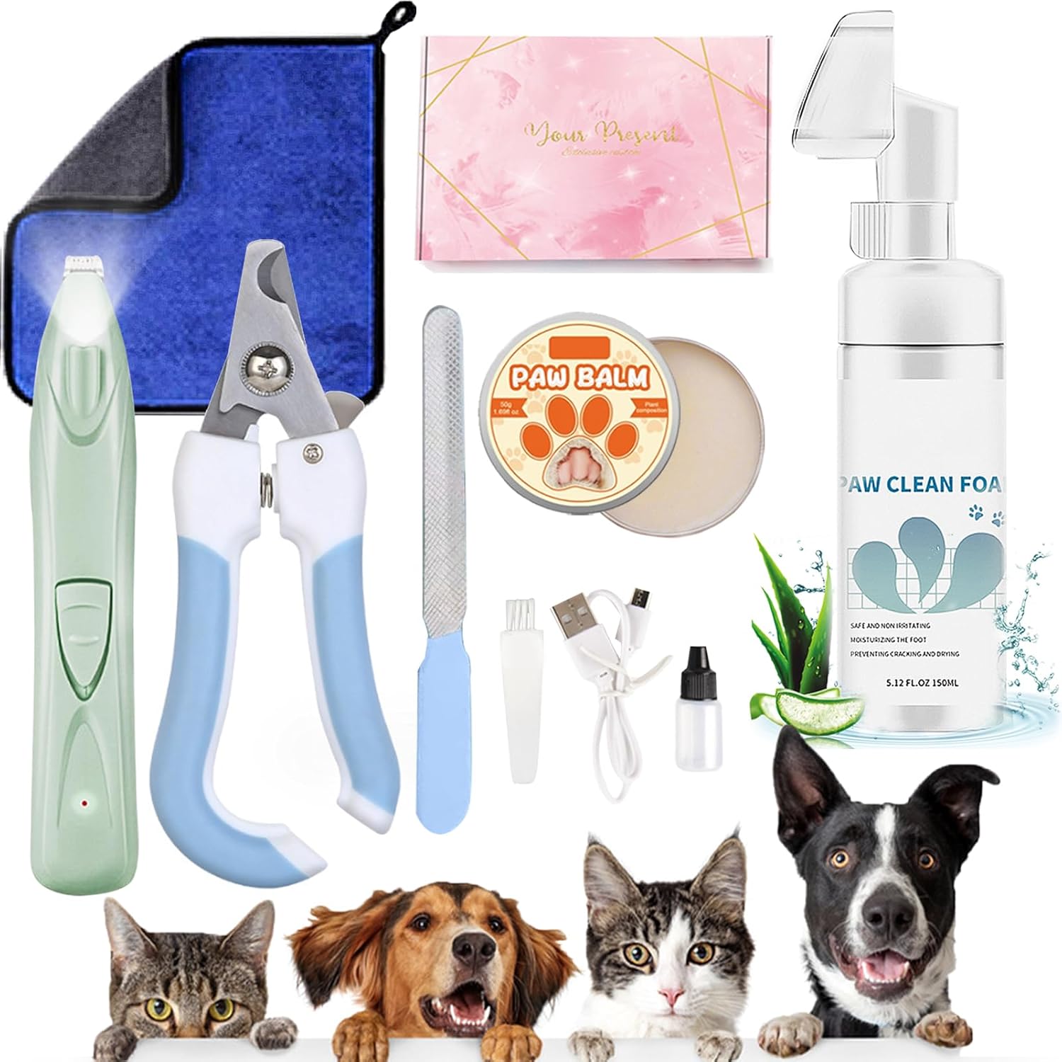 Dog Paw Cleaner Pet Paw Cleaning Kit with 150ml/5.12fl.oz Waterless Foaming Microfiber Towel Feet Balm Cordless Electric Paw Trimmer with LED Light Dog Cat Nail Clippers&Safety Stop