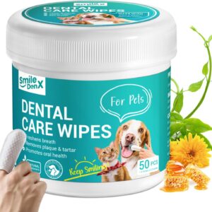 Dog Dental Care Wipes - Cat & Dog Teeth Cleaning Finger Wipes - Dog Tooth Brushing Kit Dental Wipes - Reduces Plaque & Freshens Breath (50 Pcs)
